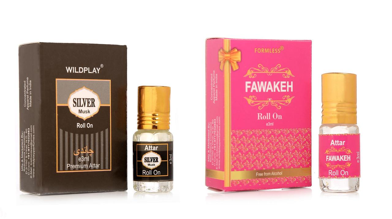 Silver Musk 3ml Attar 1pc. And Fawakeh 3ml Attar 1pc.